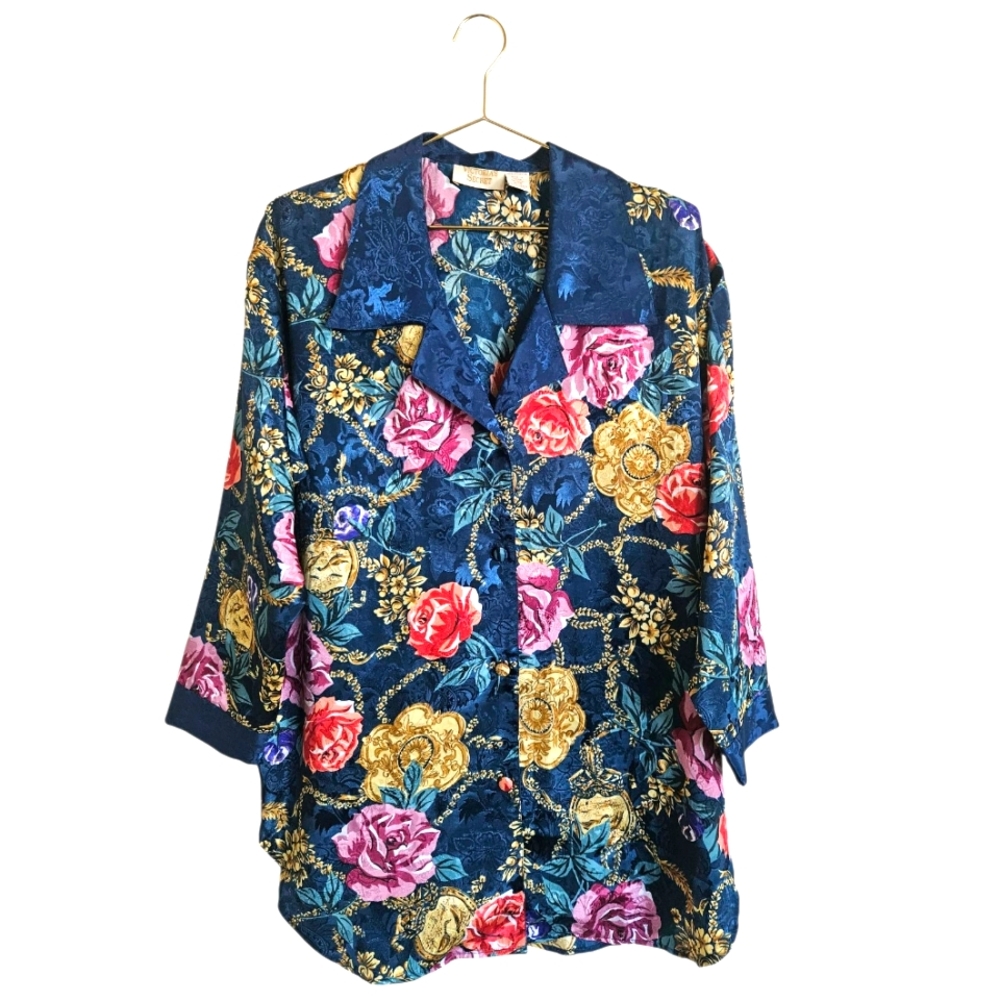 Vintage Victoria's Secret 90s Gold Label Blue Floral Button-up Sleepshirt Size S
